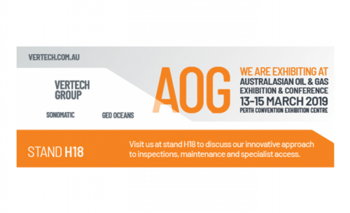 Promotional banner for Vertech Group at the Australasian Oil & Gas Exhibition & Conference, held on 13-15 March 2019. The banner features the company's logo and details of the event and mentions partner companies Sonomatic and Geo Oceans, inviting visitors to stand at H18 to discuss their innovative approach to inspections, maintenance, and specialist access.
